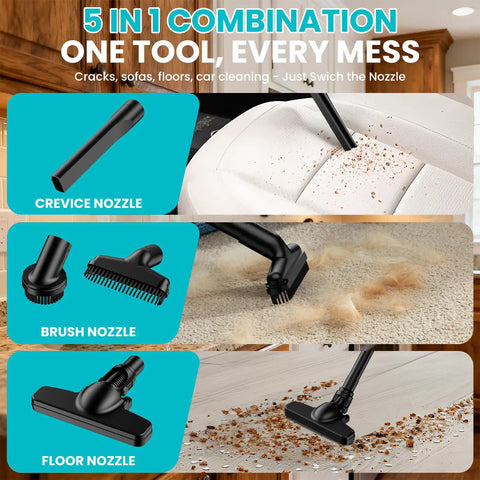 Cordless Handheld Vacuum Cleaner With 500W Motor, 5 In 1 Lightweight Powerhouse showing crevice, brush, floor nozzles for versatile use.