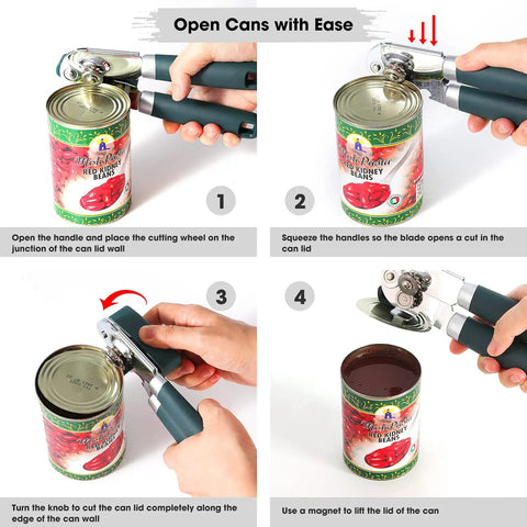 Step-by-step using Heavy Duty Manual Can Opener With Magnetic Lid Opener And Carbon Steel Blade For Smooth Cutting, Green handle.