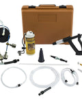 Hella Lightweight One Man Motorcycle Brake And Clutch Bleeder Kit with tools, hoses, and canister in a compact case.