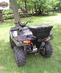 Hitch Mount Grass Seed Spreader With Rain Protector For ATV UTV Or Utility Tractor 12 Foot Broadcast Width 12 Volt Electric Spreader Built Beefy For Lawn And Garden Fertilizer And Seed Application attached to ATV