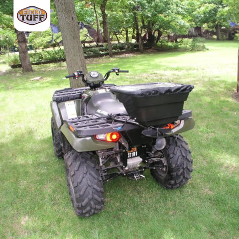 Hitch Mount Grass Seed Spreader With Rain Protector For ATV UTV Or Utility Tractor 12 Foot Broadcast Width 12 Volt Electric Spreader Built Beefy For Lawn And Garden Fertilizer And Seed Application attached to ATV