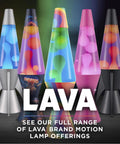 Colorful Lava Lamps in various designs next to text promoting the range of Lava brand motion lamp offerings.
