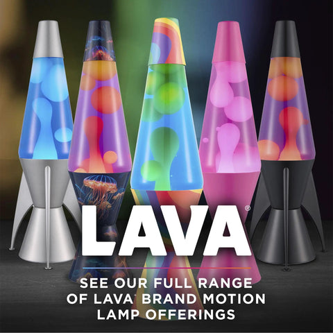 Colorful Lava Brand motion lamps in silver and black bases displayed, vibrant wax colors, text promoting full range of offerings.