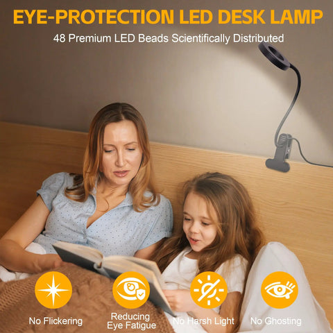 Mother reading to child under Clip On Led Desk Light With 48 LEDs, USB Powered, flexible gooseneck lamp on headboard.