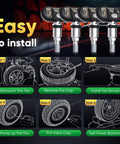 MX Sensor 2 In 1 TPMS Replacement Set Of Four 315 MHz And 433 MHz Press In Sensors For Car Tire Pressure Monitoring System, Easy Install, Plug And Play, Durable Four Pack shown with 4 press-in sensors and install steps