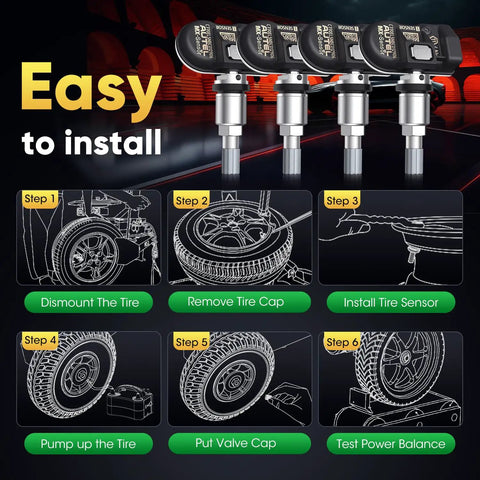 MX Sensor 2 In 1 TPMS Replacement Set Of Four 315 MHz And 433 MHz Press In Sensors For Car Tire Pressure Monitoring System, Easy Install, Plug And Play, Durable Four Pack shown with 4 press-in sensors and install steps