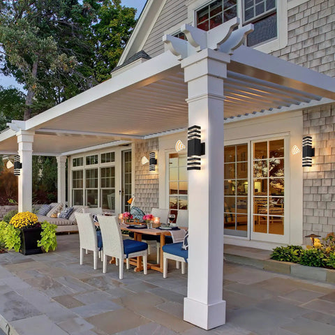 Dusk To Dawn LED Outdoor Light For Porch And Front Door Anti Rust Matte Black Up And Down Exterior Fixture on white pergola