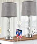 Set of 2 24.8 Inch Modern Table Lamps for Bedroom with Dual USB Charging Ports and 3 Way Dimmable Touch Control in Nickel Finish