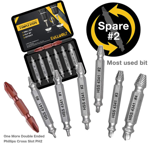 Damaged Screw Extractor Set For Stripped Screws And Bolts 6 Piece High Speed Steel Drill Bit Tools, open case with bits
