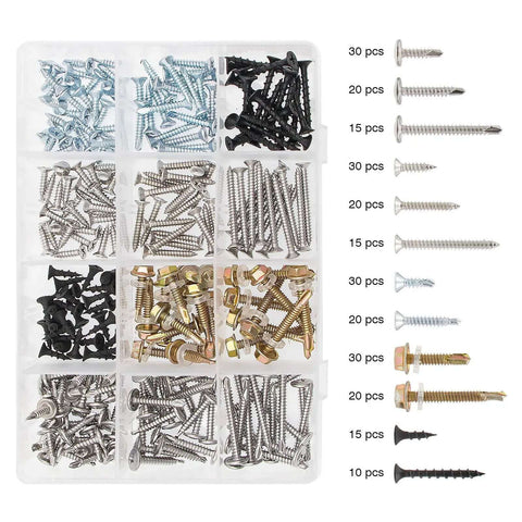 Assorted screws in a plastic case, includes zinc-plated self-drilling and tapping screws for drywall, wood, and metal, 255 pcs