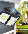 Cordless Solar Motion Sensor Lights Outdoor So Bright, 300 LED 6500K Flood Light with 5 Adjustable Heads on house exterior wall