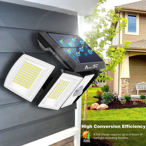Cordless Solar Motion Sensor Lights Outdoor So Bright, 300 LED 6500K Flood Light with 5 Adjustable Heads on house exterior wall