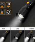 Ultra Bright Tactical Flashlight With 900 Lumen Zoomable Beam And Adjustable Focus, 3 Light Modes shown in high, low, strobe settings