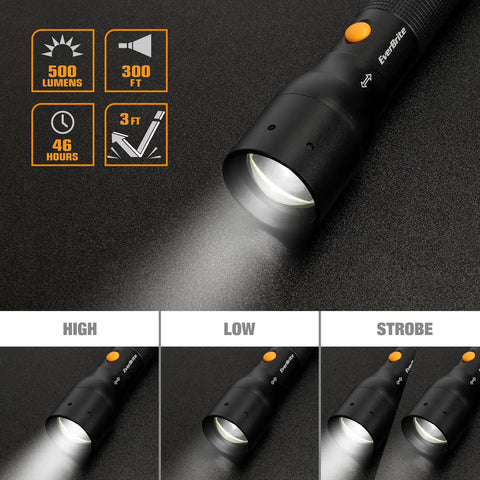 Ultra Bright Tactical Flashlight With 900 Lumen Zoomable Beam And Adjustable Focus, 3 Light Modes shown in high, low, strobe settings