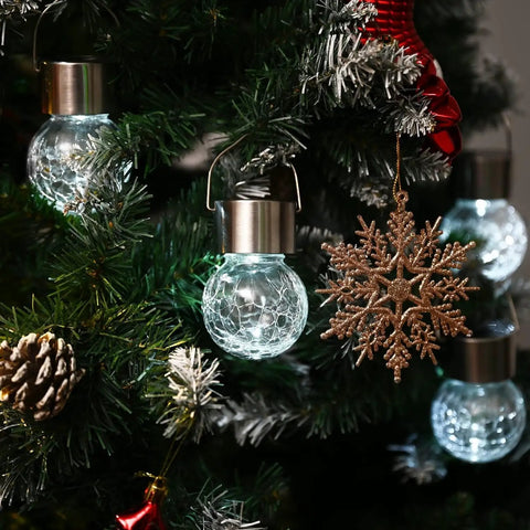 8 Pack Outdoor Solar Hanging Lights Waterproof Lanterns For Garden Decor Cold White Cracked Glass on Christmas tree