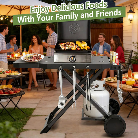 Portable Grill Cart For 17 And 22 Inch Griddles With Foldable Table And Propane Tank Holder Outdoor BBQ Stand in backyard setup