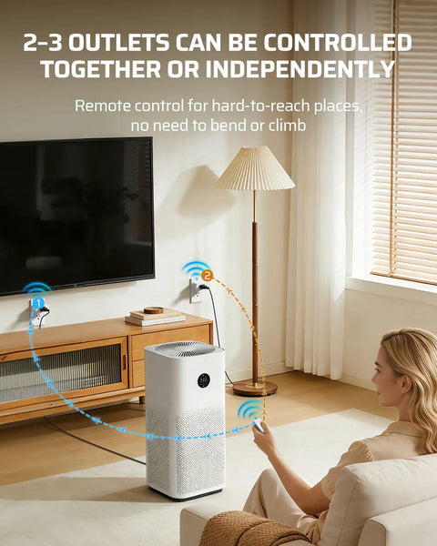 Woman using Remote Control Outlet With Wall Mount Switch And Detachable Magnetic Remote Two Independent Sockets No Wiring Needed 100 Ft Range