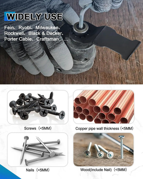 Heavy Duty Carbide Oscillating Multi Tool Blades 3 Pack With Dead Nuts Tight Quick Release Mount for cutting screws and nails.