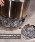 Smokeless Fire Pit For Outdoor Wood Burning With Dual Air Intake Holes showing easy ash removal tray, silver finish.