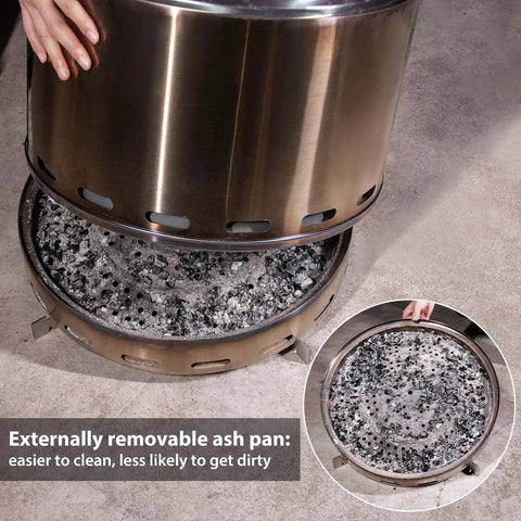 Smokeless Fire Pit For Outdoor Wood Burning With Dual Air Intake Holes showing easy ash removal tray, silver finish.