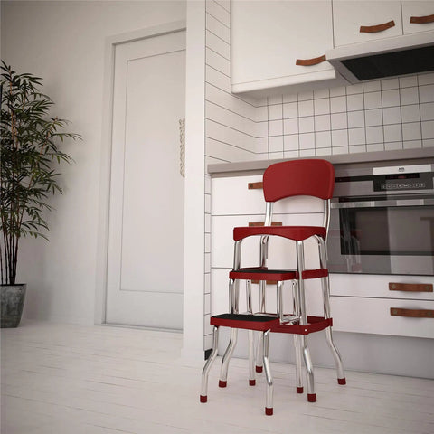 Stylaire Retro Chair And 2 Step Stool With Pull Out Steps For Extra Height, 7 Ft 11 In Max Reach, 200 Lb Capacity, Steel And Vinyl Red