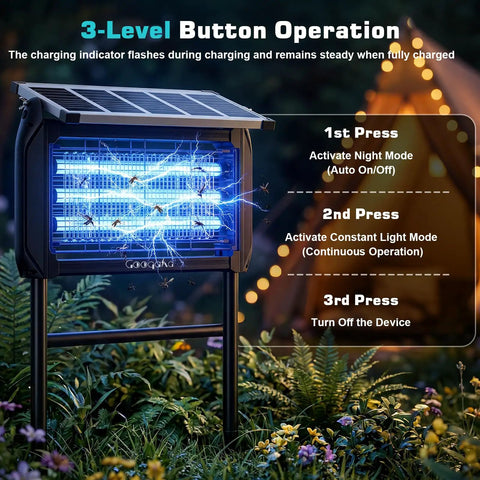Outdoor Bug Zapper Powered By Solar And USB, 4000V Grid, 15W UV LED Fly Light in garden setting, front view with 3-level operation.