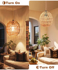 Handcrafted Rattan Pendant Light With Extended Plug In Cord And Simple Toggle Switch Brings Chill Weekend Vibes To Your Cozy Bedroom Or Living Room Egg Shade Fixture, lit and unlit views in a stylish living space.
