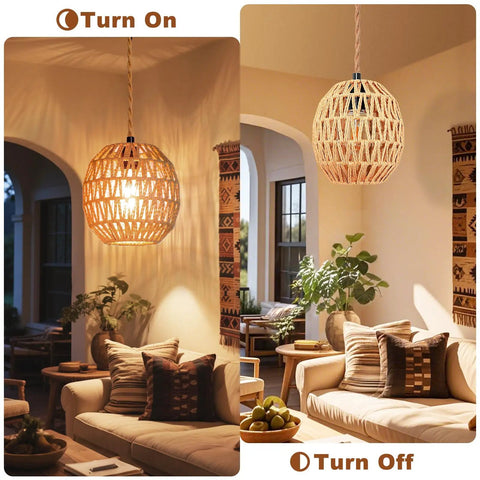 Handcrafted Rattan Pendant Light With Extended Plug In Cord And Simple Toggle Switch Brings Chill Weekend Vibes To Your Cozy Bedroom Or Living Room Egg Shade Fixture, lit and unlit views in a stylish living space.