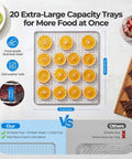 Built Different Dual Zone Food Dehydrator With 20 Spacious Trays And 1300 Watts, showcasing orange slices on stainless steel tray.