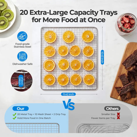 Built Different Dual Zone Food Dehydrator With 20 Spacious Trays And 1300 Watts, showcasing orange slices on stainless steel tray.