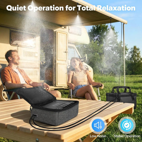 Beat The Heat Anywhere Portable Misting System With 12000mAh Pump and 20L Water Bucket by an RV outdoors.