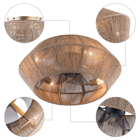 Handwoven Rattan Ceiling Fan with Light and Remote for Bedroom Living Room, showing woven shade and ceiling mount details.