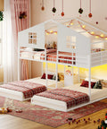 Triple Bunk Bed Space-Saving With House Shape For Kids, Twin Over Twin Over Twin, Metal Frame With 4 Storage Drawers, Built-In Charging Station And LED Lights, 13.4 Inch Guardrail, Play Curtain, DIY Playhouse Style, White