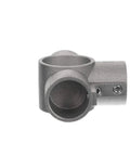 Brushed Aluminum Center Cross Brace Fitting Links 1-5/8 Vertical Pipes To Three 1-1/4 Horizontal Rails showing a matte gray connector