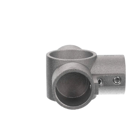 Brushed Aluminum Center Cross Brace Fitting Links 1-5/8 Vertical Pipes To Three 1-1/4 Horizontal Rails showing a matte gray connector