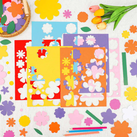 482 Piece DIY Flower Cutouts Set with colorful 2 sided cardstock, flowers die cuts, and glue points for kids' spring crafts, includes stems and leaves