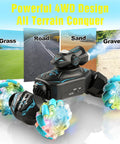 Gesture Sensing Remote Control Car With Dual Mode Control shown on grass, road, sand, and gravel with colorful wheels.