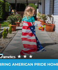 Child draped in Premium 3X5 Outdoor American Flag Made in USA With Embroidered Stars And Sewn Stripes on a walkway