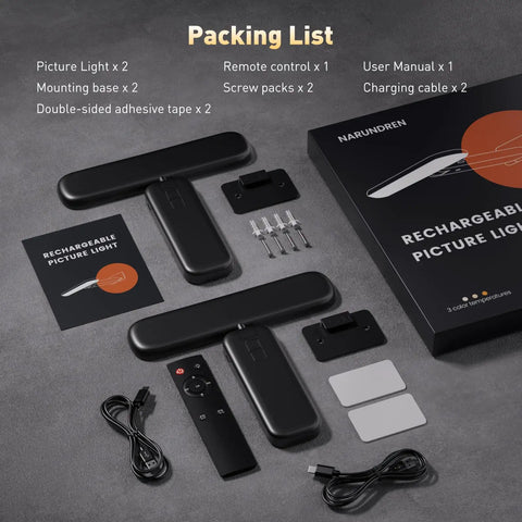 Packing components of the Rechargeable Wall Mounted Picture Light With Remote Control Featuring Three Color Modes And Adjustable Brightness.