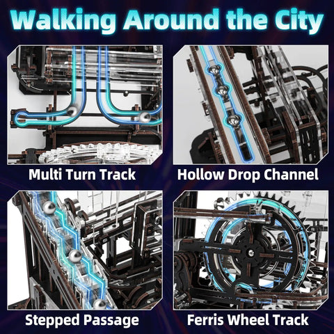 Close-up views of 3D Wooden Marble Run Puzzle With LED Lights For Adults Mechanical Wood Model Building Kit tracks and channels.