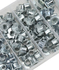 110 Piece Pronged Tee Nuts Set Three Eighths Inch Size Galvanized Steel Rustproof T Nuts for wood and wet environments, close-up view