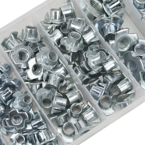110 Piece Pronged Tee Nuts Set Three Eighths Inch Size Galvanized Steel Rustproof T Nuts for wood and wet environments, close-up view