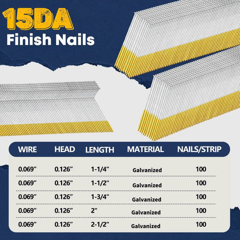 Rock Solid Galvanized Steel 34 Degree Angled Finish Nails 15 Gauge Two Inch Half Length 1200 Count Box For Air Nailers Rust Proof Tough Wood Framing Decking And Trim Work Pro Ready displayed with sizes and specifications.