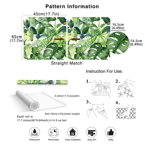 Tropical Wallpaper Peel And Stick Palm Leaves Jungle Forest Removable Wall Decor pattern guide and roll diagram