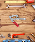 Heavy Duty Toggle Clamps 4 Pack Quick Release Push Pull Workholding Fixtures For Woodworking Carpentry And DIY Projects Horizontal Clamp Set For Fast Secure Fixture On Benchtop Portable And Easy To Use surrounded by carpentry tools on a wooden surface.