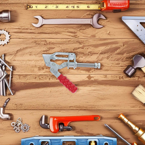 Heavy Duty Toggle Clamps 4 Pack Quick Release Push Pull Workholding Fixtures For Woodworking Carpentry And DIY Projects Horizontal Clamp Set For Fast Secure Fixture On Benchtop Portable And Easy To Use surrounded by carpentry tools on a wooden surface.