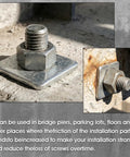 Grab You 30 Pack Of Heavy Duty Galvanized Square Washers With A Bold Silver Finish Designed For Major Construction And Industrial Gear To Stop Screws From Loosening During Any Tough Job. Heavy duty galvanized square washer with bolt on concrete surface.