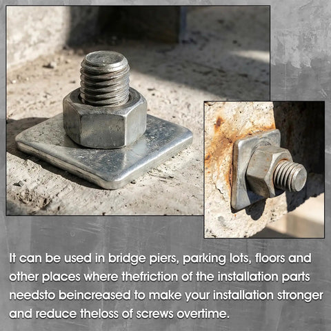 Grab You 30 Pack Of Heavy Duty Galvanized Square Washers With A Bold Silver Finish Designed For Major Construction And Industrial Gear To Stop Screws From Loosening During Any Tough Job. Heavy duty galvanized square washer with bolt on concrete surface.