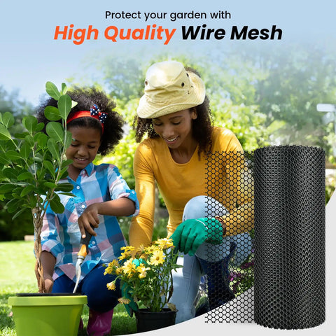 Two people gardening with 16 Inch By 50 Foot Plastic Chicken Wire Mesh for floral arrangements and crafts, roll in view