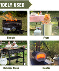 Propane Regulator With Four Foot High Pressure Hose, Adjustable 0-20 PSI Gas Burner Control For Propane Tanks, Perfect For Grills, Fire Pits, Heaters, And Outdoor Cooking Equipment displayed in various uses: fire pit, fryer, outdoor stove, and heater.